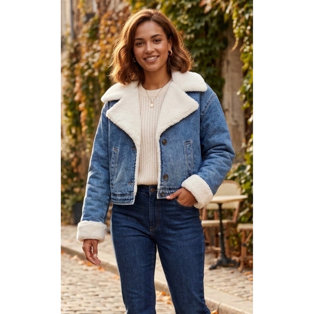 Hollister y2k Womens Medium Wash Sherpa Lined Denim‎ cropped Trucker Jacket Blue